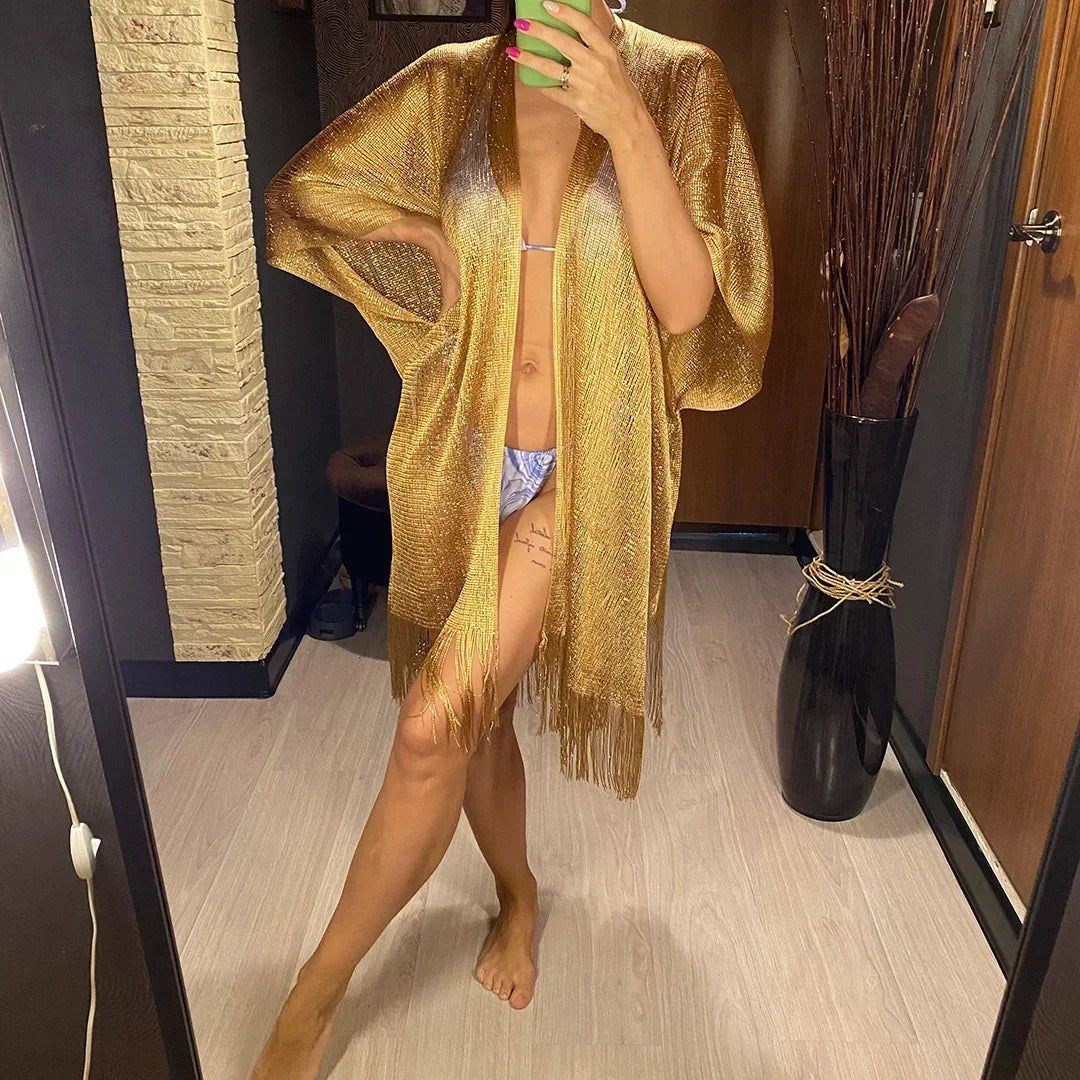 Metallic Tassel Trim Beach Cover-Up — Sheer Kimono | Women's Swimwear