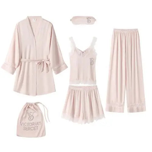 Women's Ice Silk Lace Trim Pajamas Set – Luxury Sleepwear Chemise & Robe