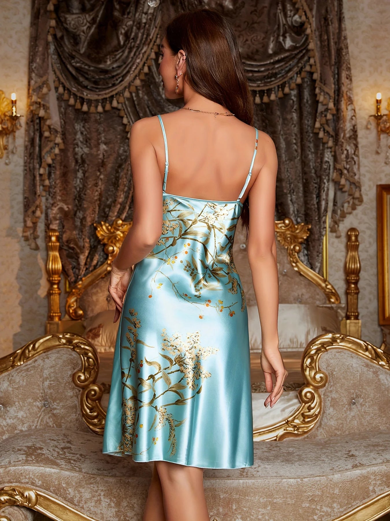 Floral Satin Camisole Nightdress — Draped Cowl Neck Slip Dress | Women's Luxury Sleepwear