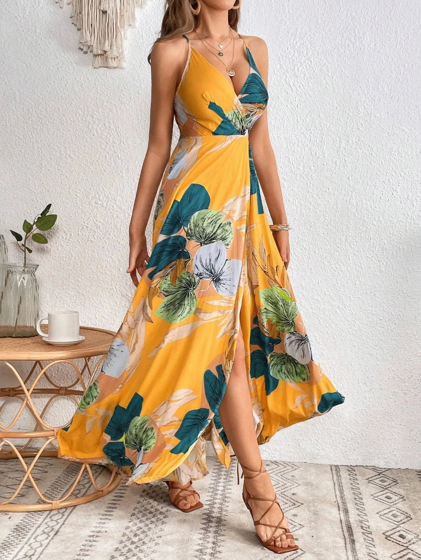Tropical Print Thigh-High Slit Backless Spaghetti Strap Dress 1056