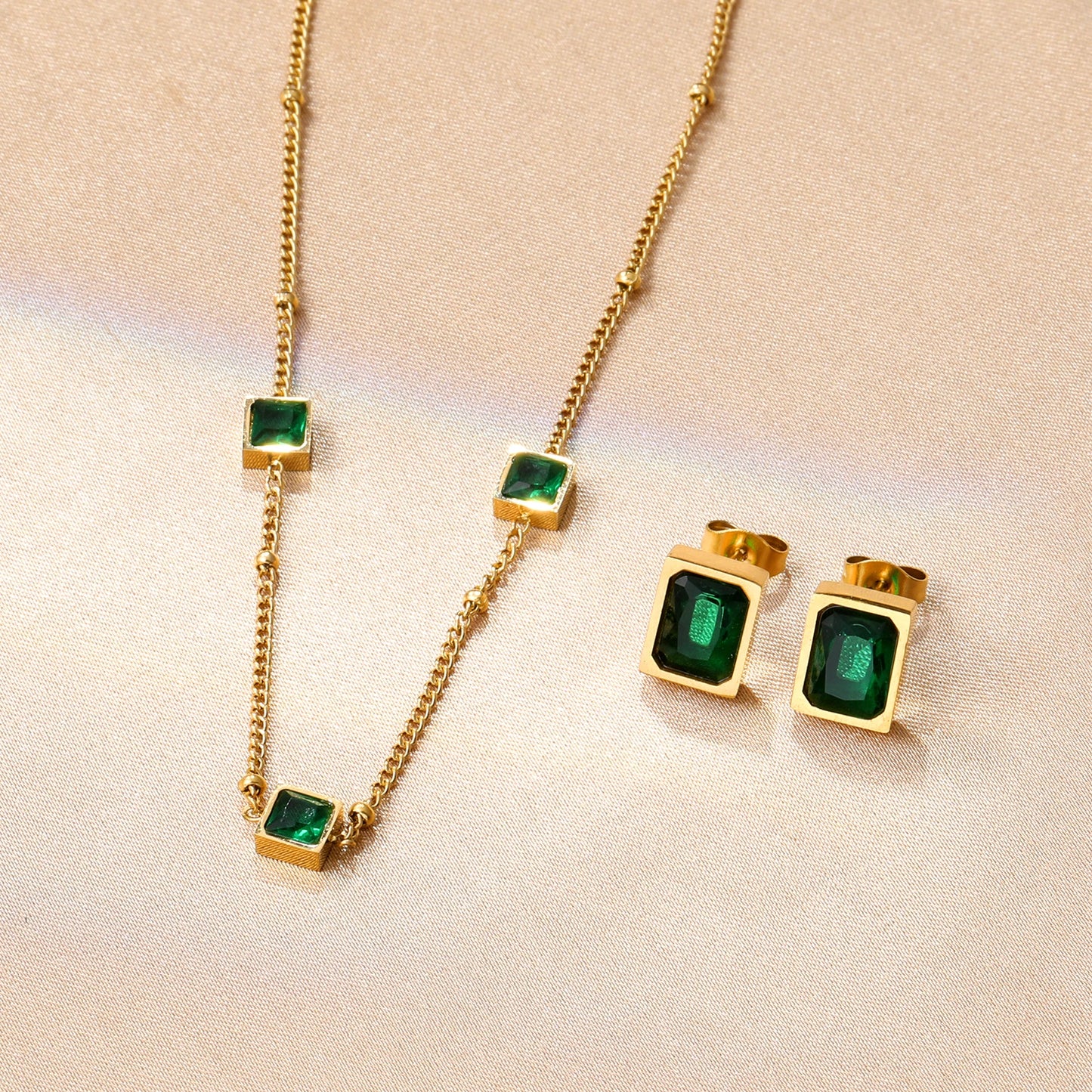 Green Zirconia Jewelry Set – Luxury CZ Crystal Necklace & Earrings for Women