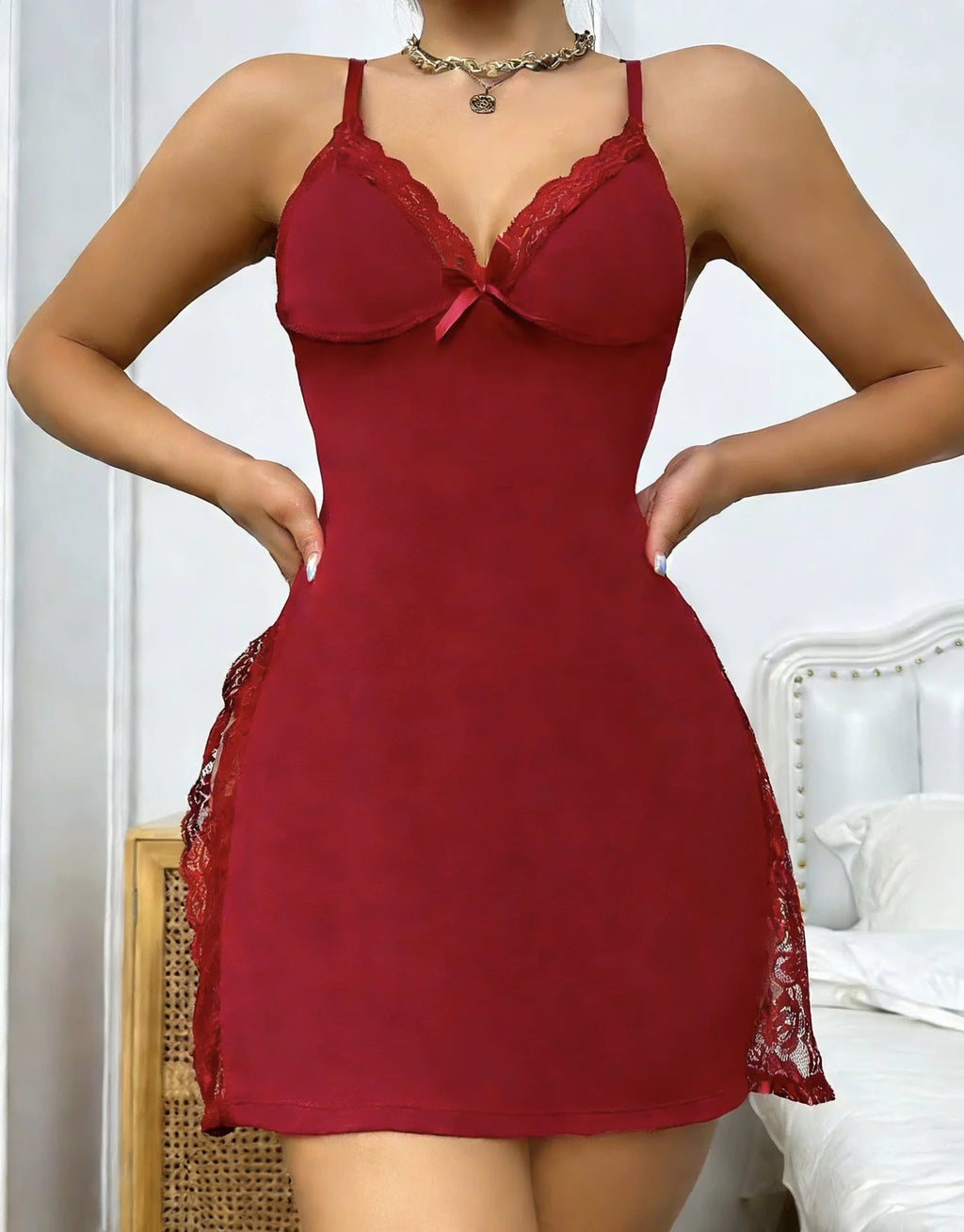 Lace Trim Slit Nightgown – V-Neck, Knee-Length, Sleeveless | Women's Homewear & Sleepwear