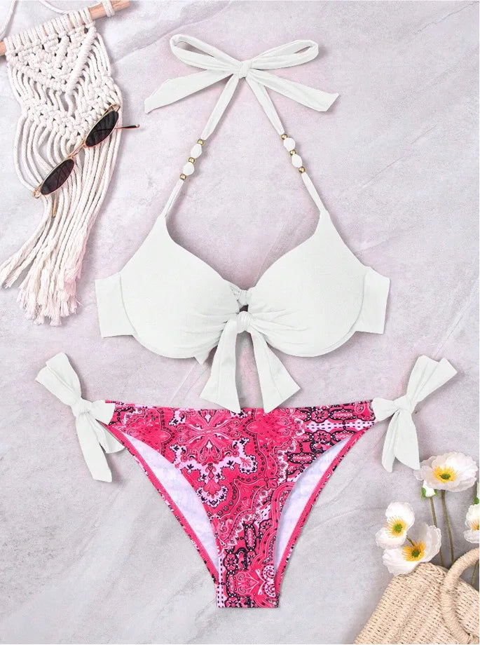 Push-Up Halter Bikini Set — Bow-Tie Top & Printed Side-Tie Bottoms | Women's Swimwear
