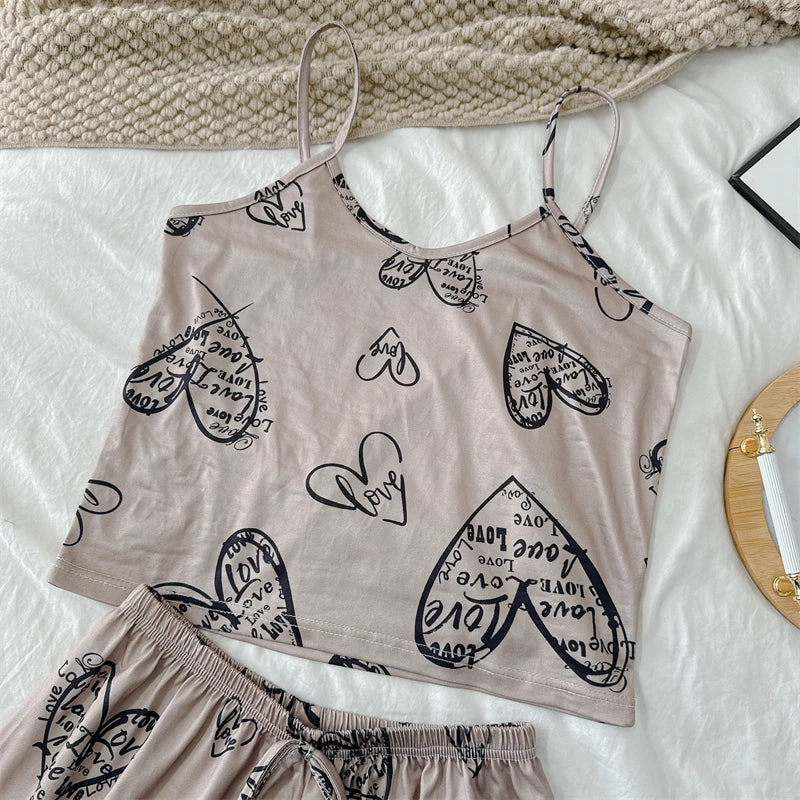 Cherry Print Ice Silk Pajama Set — Sleeveless Cami Top & Shorts