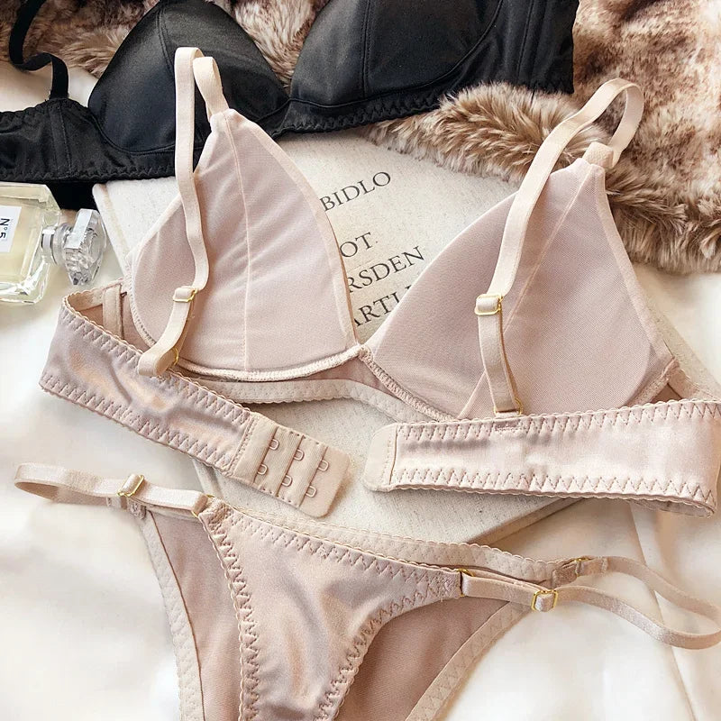 Women's Silken Triangle Bra & Thong Set – Wire-Free French Bralette Lingerie (S–XL)