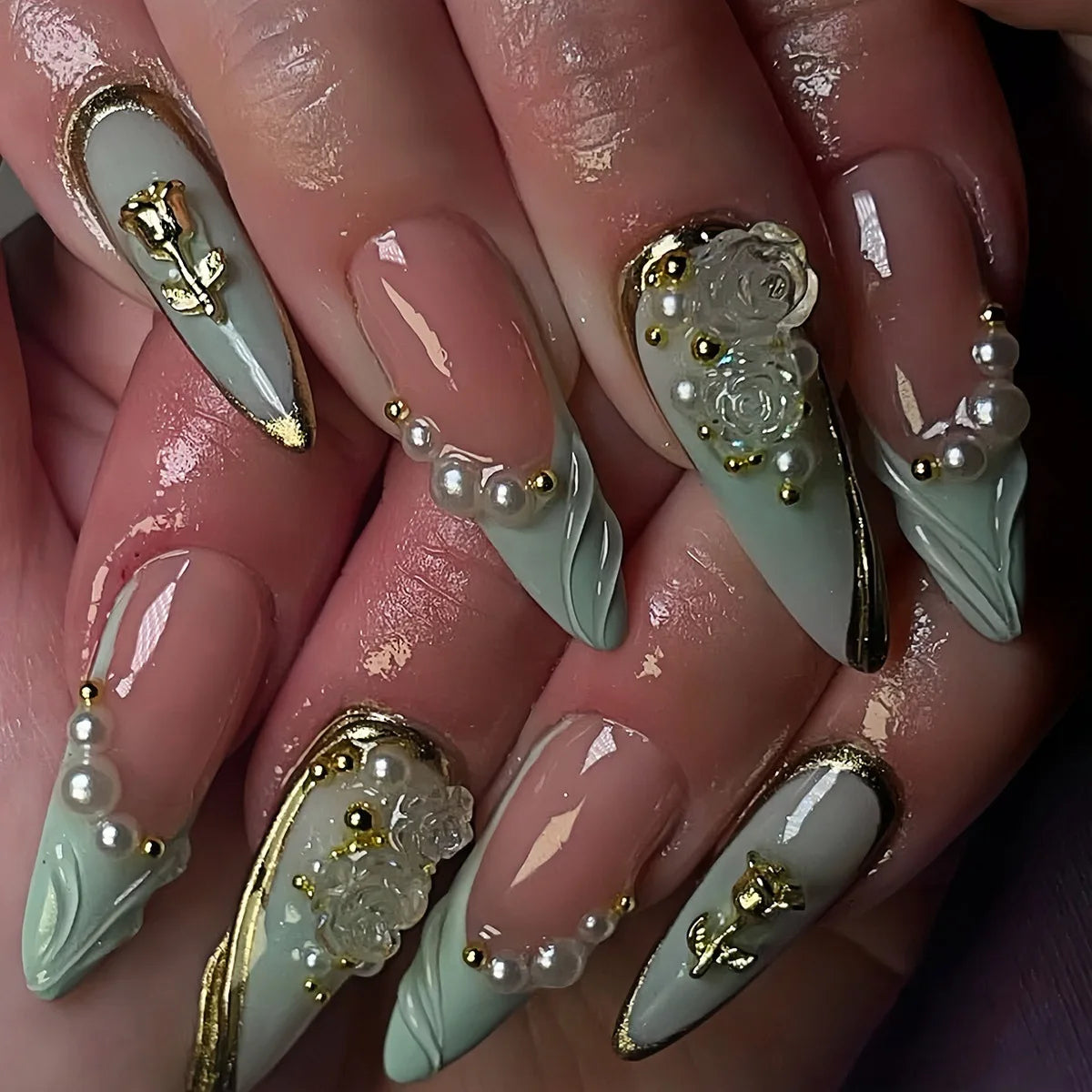 Almond Press-On Nails - 3D Floral, Butterfly & French Tip, 24 Pieces