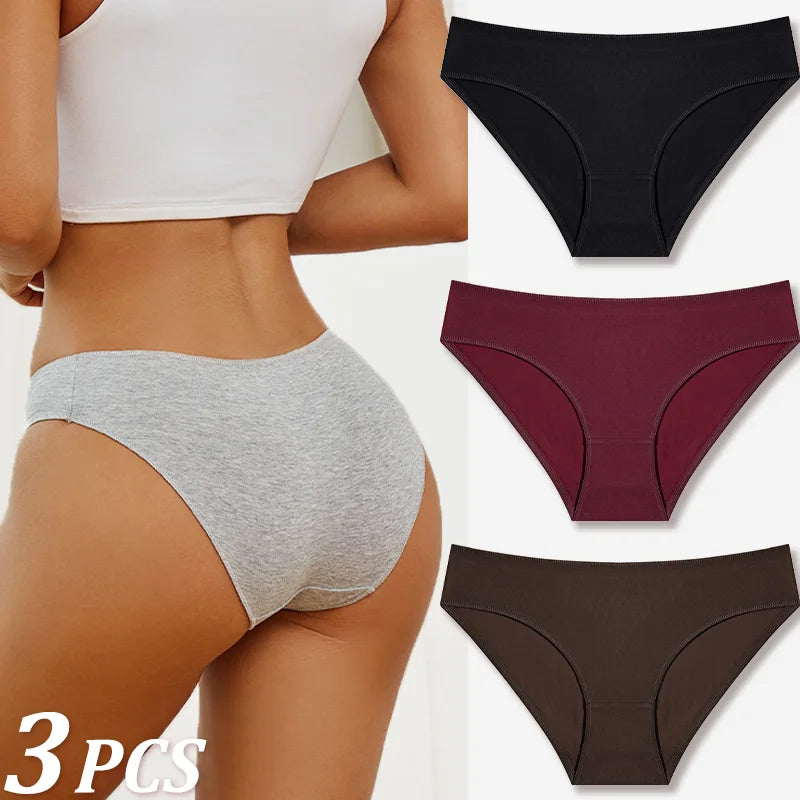 3-Pack Cotton Low-Rise Briefs – Breathable Lace-Trim Underwear for Women (S–XL, 20 Color Sets)