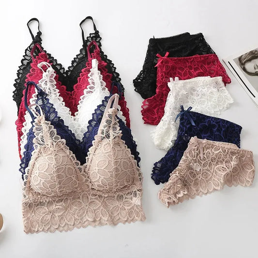 Floral Embroidery Lace Bra & Panty Set — Wire-Free Padded Bralette | Women's Lingerie