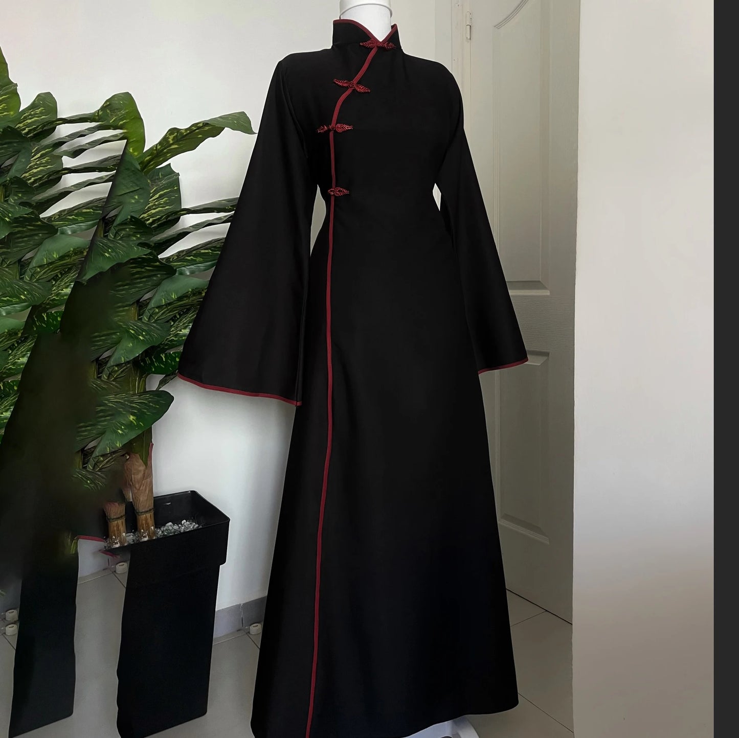 Qipao-Inspired Flared Sleeve Maxi Dress – Frog Button Detail, Modest Abaya Style