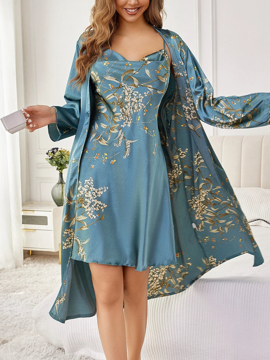 Satin Floral Robe & Camisole Nightdress Set — Elegant 2-Piece Sleepwear