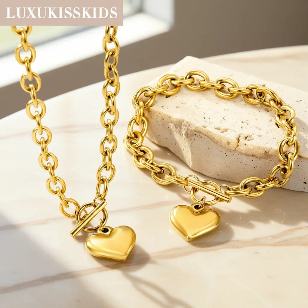 Cubic Heart Jewelry Set – 18K Gold-Plated Stainless Steel Necklace & Bracelet for Women