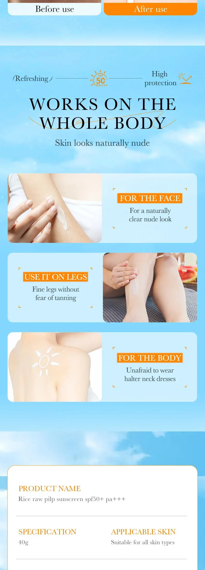 SPF 50+ Facial & Body Sunscreen Cream – Lightweight, Non-Greasy, Long-Lasting UV Protection