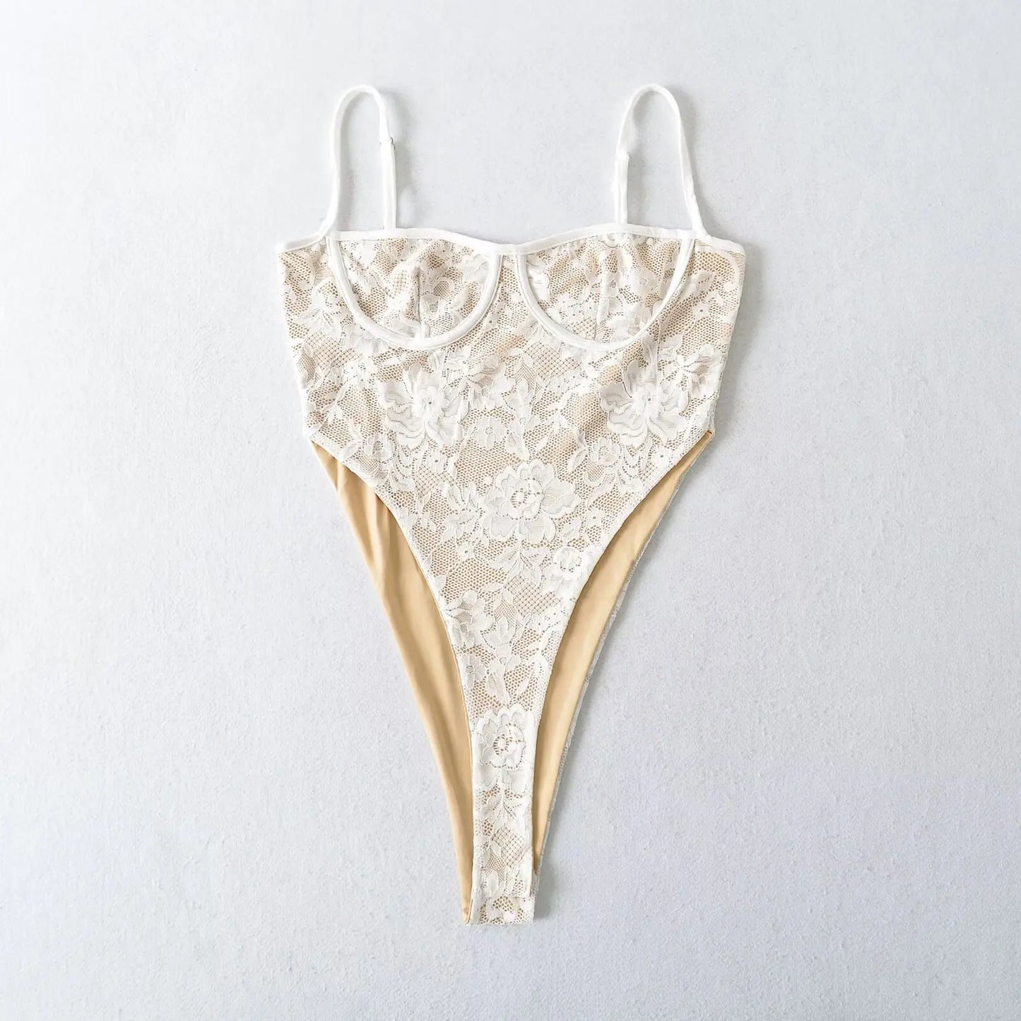 Lace Floral Bodysuit — Spaghetti Strap Slim Fit Romper