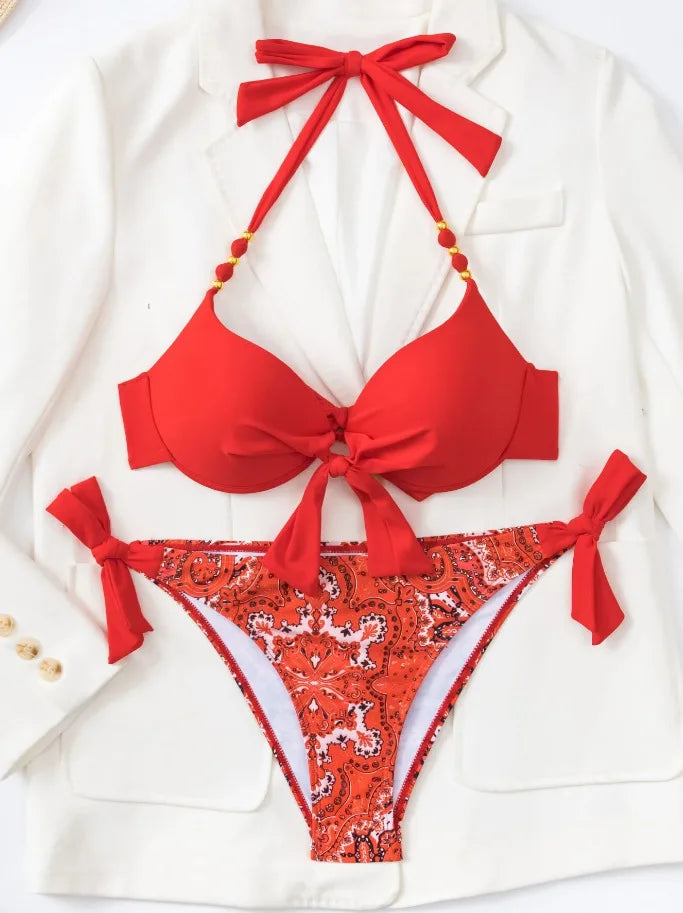 Push-Up Halter Bikini Set — Bow-Tie Top & Printed Side-Tie Bottoms | Women's Swimwear