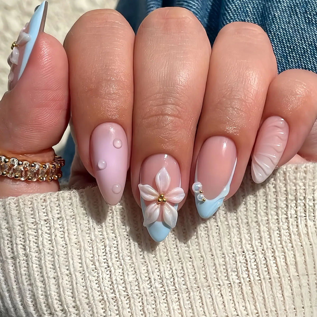 10pcs French Almond Press on Nails Flower False Nails Wearable Stick-on Nails Fake Nail Uñas Postizas Mujer Накладные Ногти 네일팁