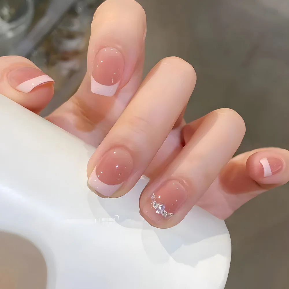 Short Press-On Nails - French Tip, Bow & Glitter Designs, 24 Pieces