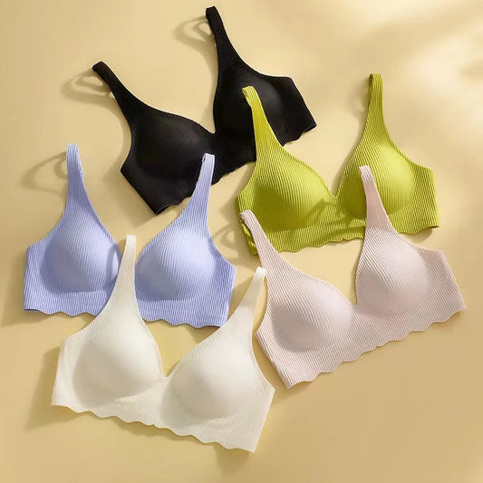 Women's Seamless Striped Push-Up Bra – Wire-Free Hollow Design | 3/4 Cup Gathered Bra