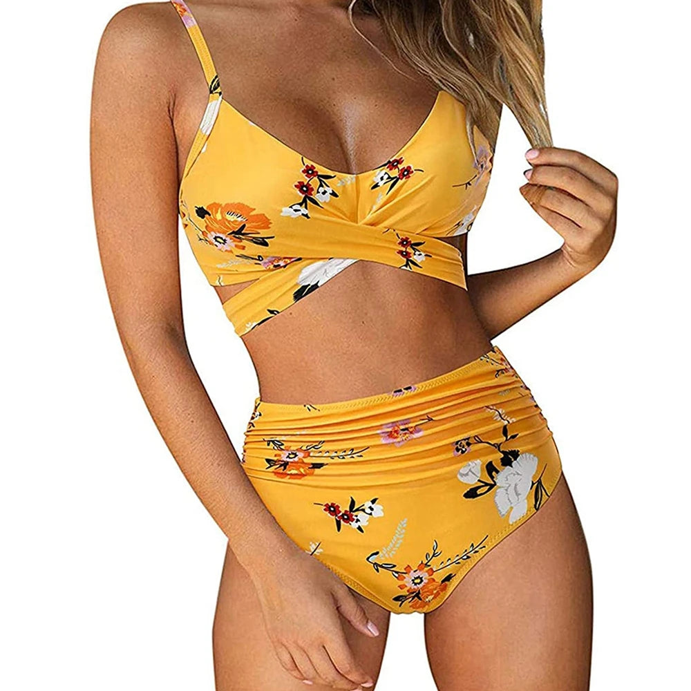 High Waist Bikini Set — Cross Front Top & Ruched Bottoms | Women's Swimwear