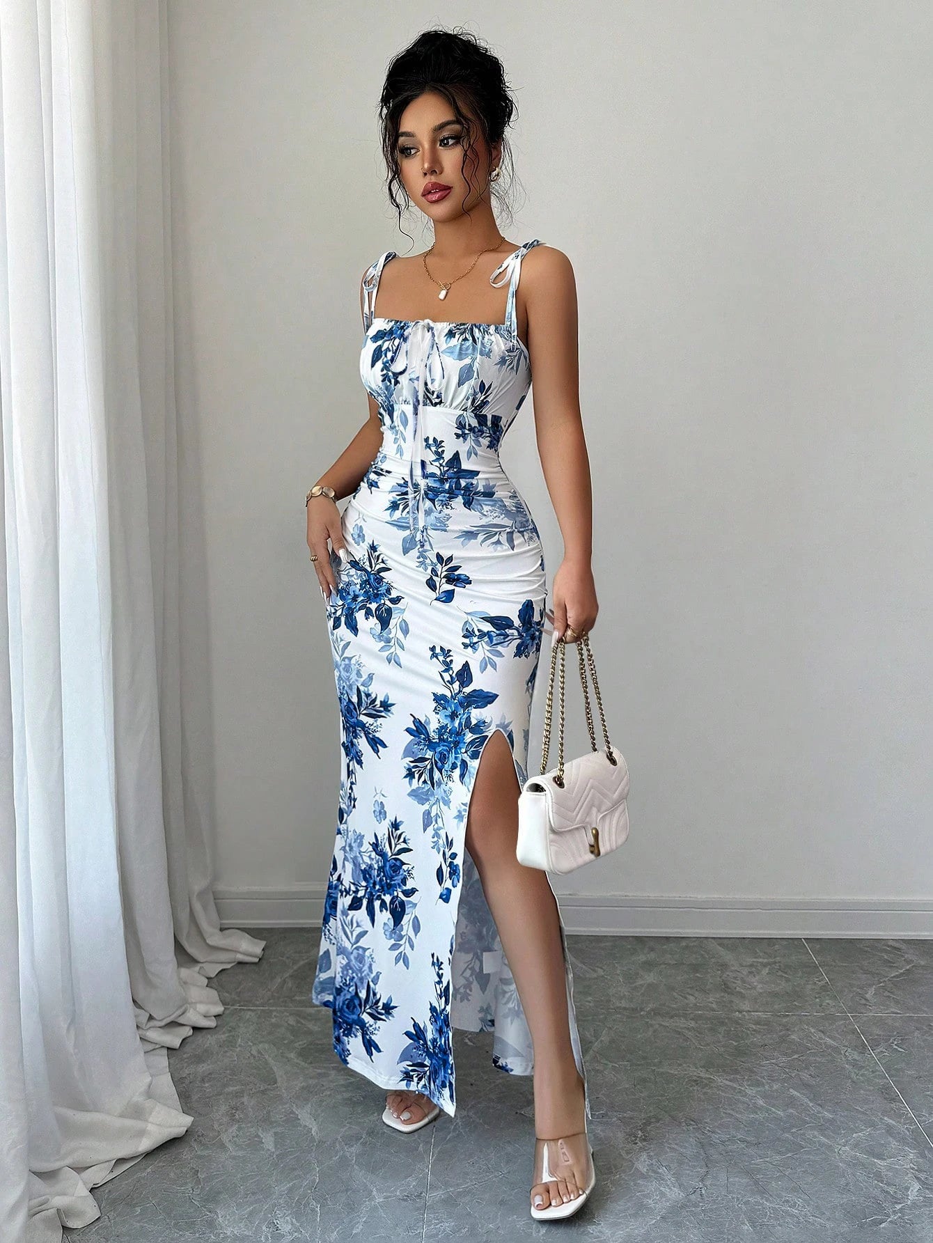 Drawstring Printed Bodycon Split Cami Dress Sexy Slim-fit Essential for Daily & Dates