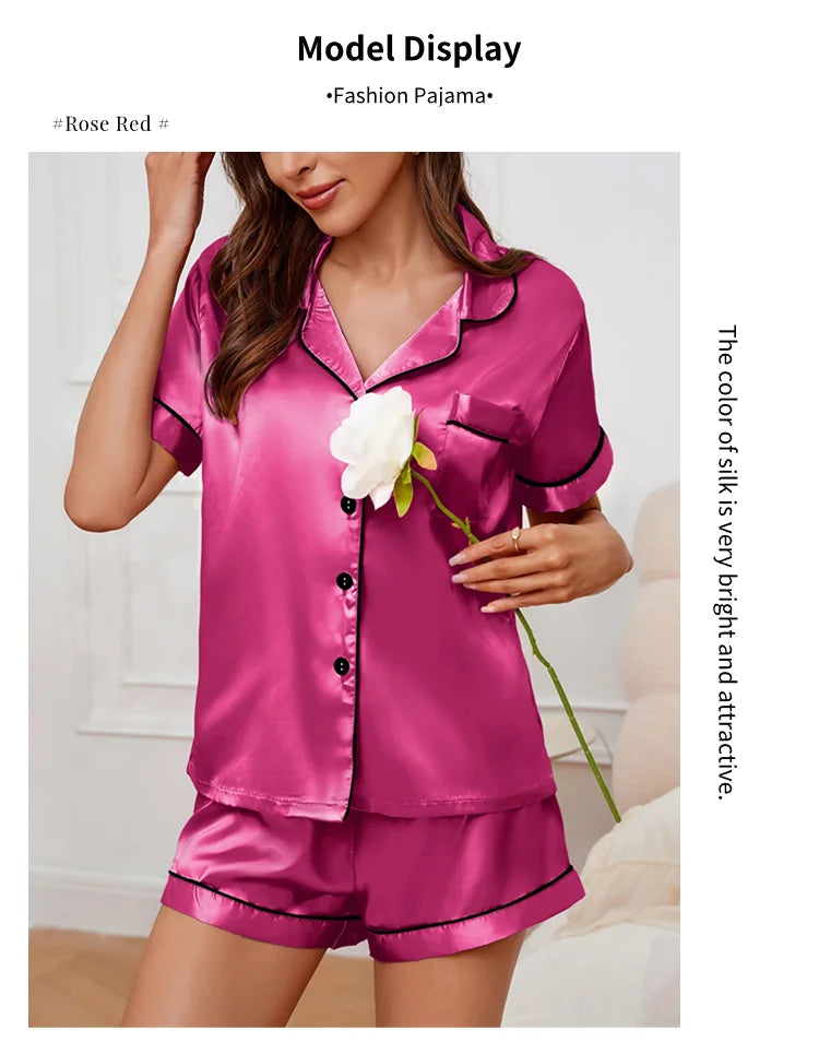 Satin Pajamas Set — Short Sleeve Button Top & Shorts | Women's Summer Sleepwear