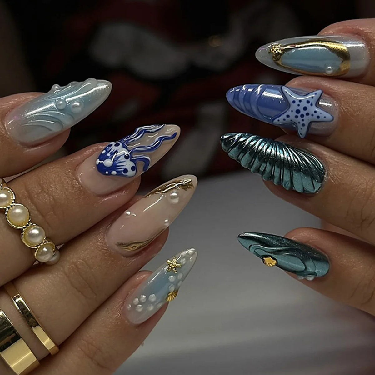 Medium Almond Cat Eye Press-On Nails - Glitter & Gold-Tone Designs, 24 Pieces