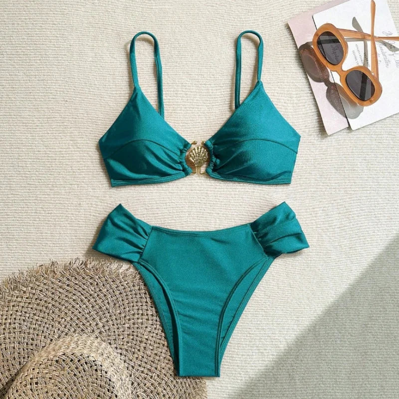 Pleated High-Waist Bikini Set — Metal Shell Buckle Push-Up | Women's Swimwear