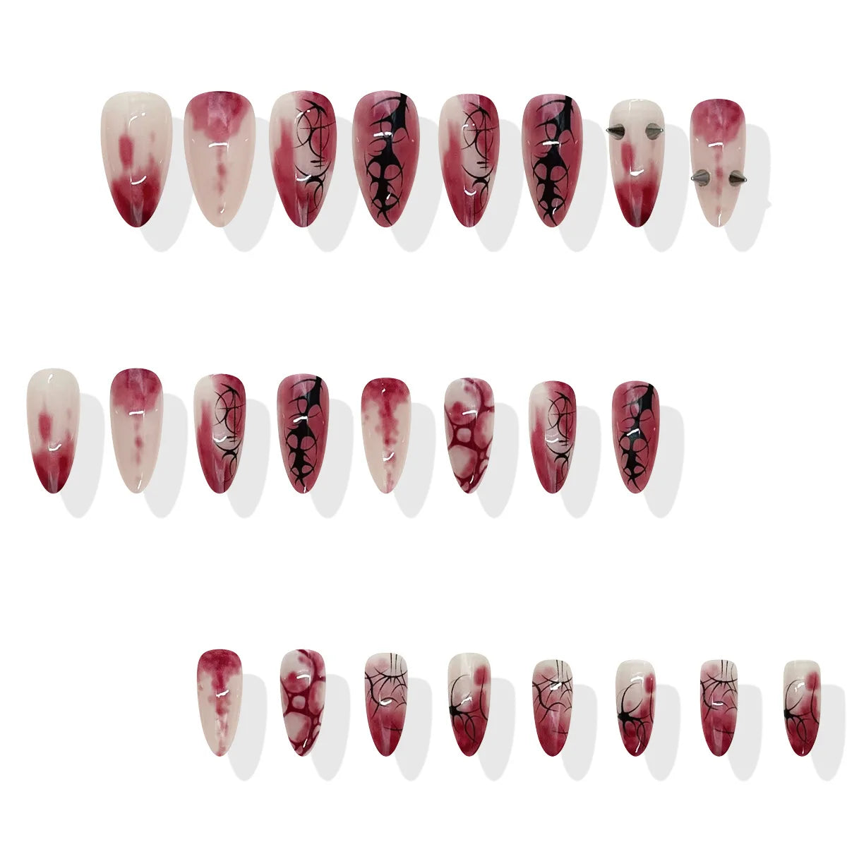Halloween Press-On Nails – Red & Black Stripe and Silver Rivet Designs, 24 Pieces