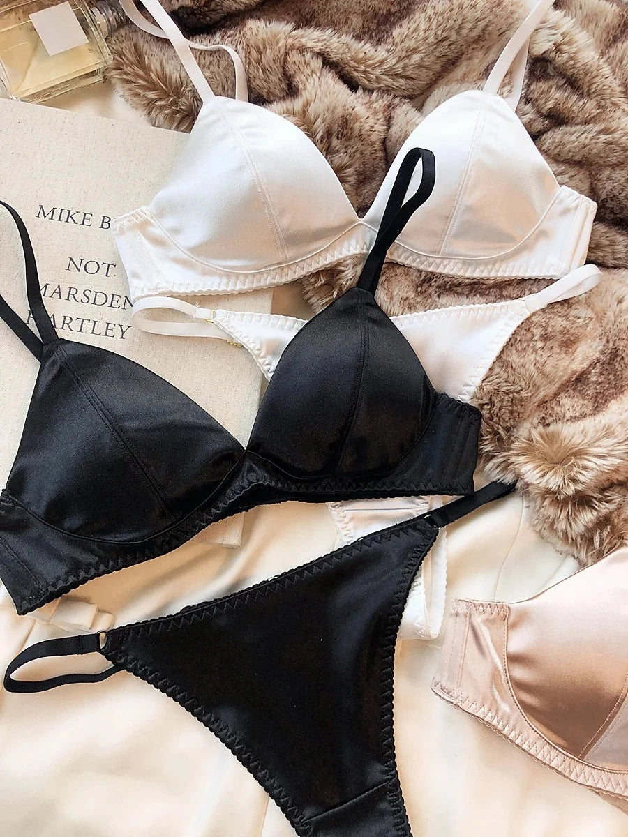 Women's Silken Triangle Bra & Thong Set – Wire-Free French Bralette Lingerie (S–XL)