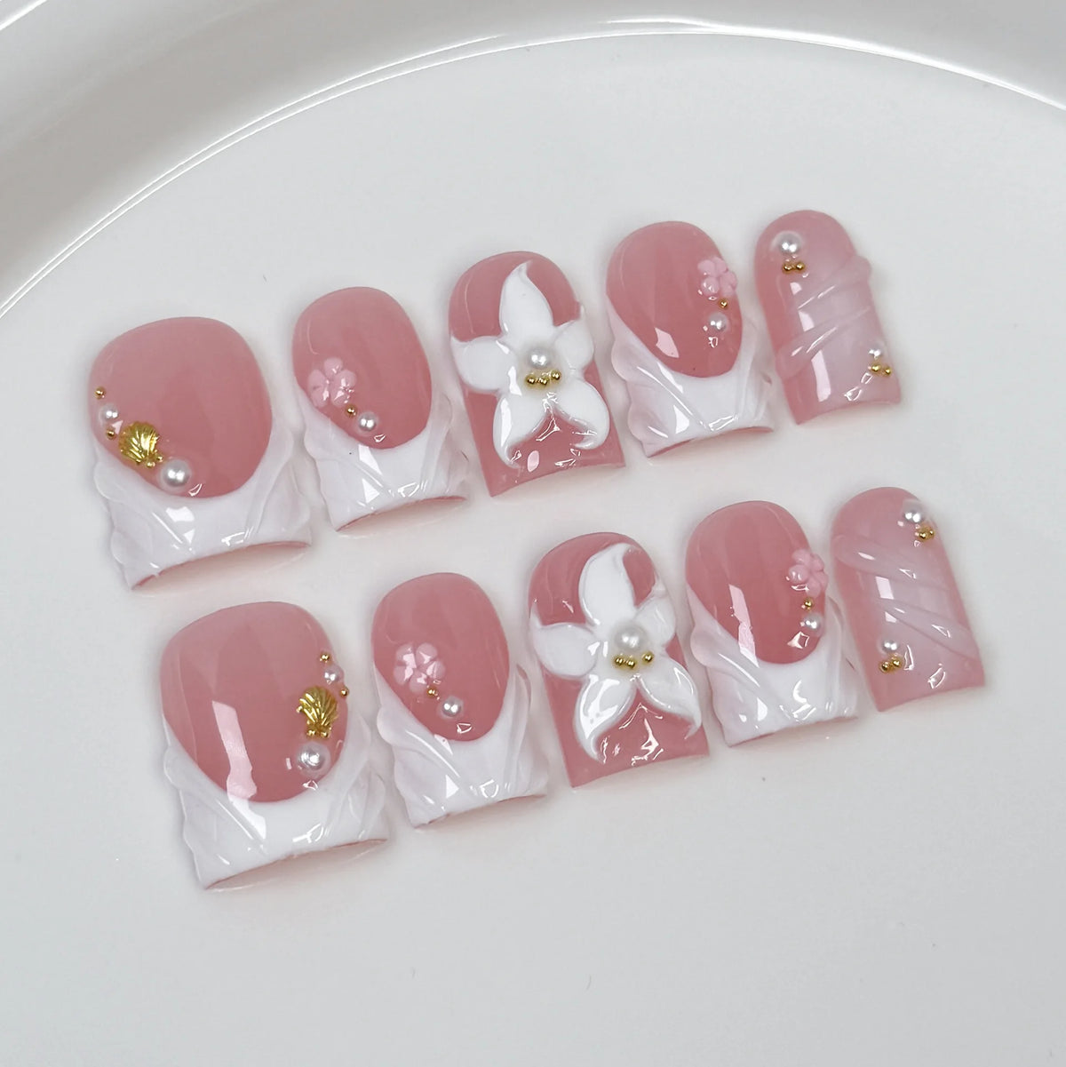 Pink Cat-Eye Press-On Nails – Medium Ballerina Bow Designs, 10 Pieces