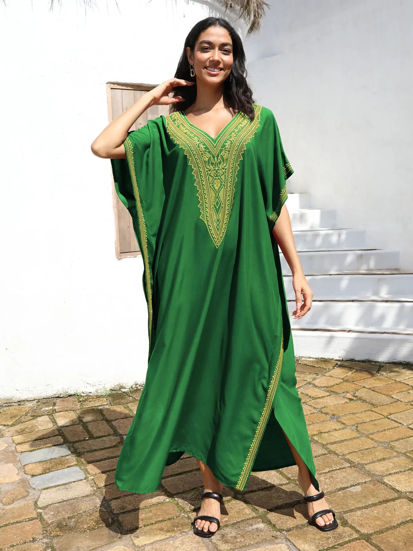 Embroidery Beach Cover-Up Kaftan — Loose V-Neck Long Robe | Women's Swimsuit Cover-Up