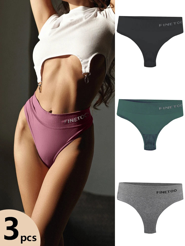 FINETOO 3pcs Women's Stretchy Panties Sexy High Waist Thongs Plus Size Underwear for Female Breathable Solid Soft Lingerie M-2XL