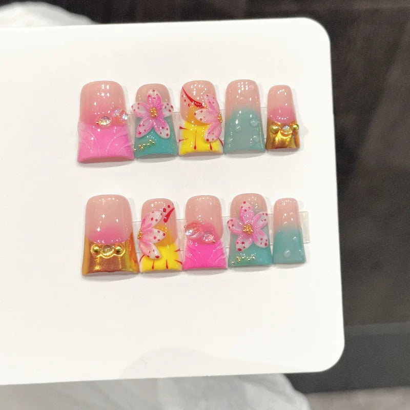 Handmade Duck Tip Press-On Nails - Ocean-Inspired 3D Floral, 10 Pieces