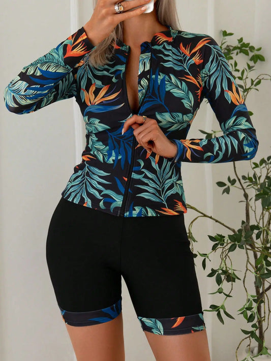 Tropical Leaf Print Tankini Set — Long Sleeve Zipper Top & High Waist Shorts | Women's Two-Piece Swimsuit