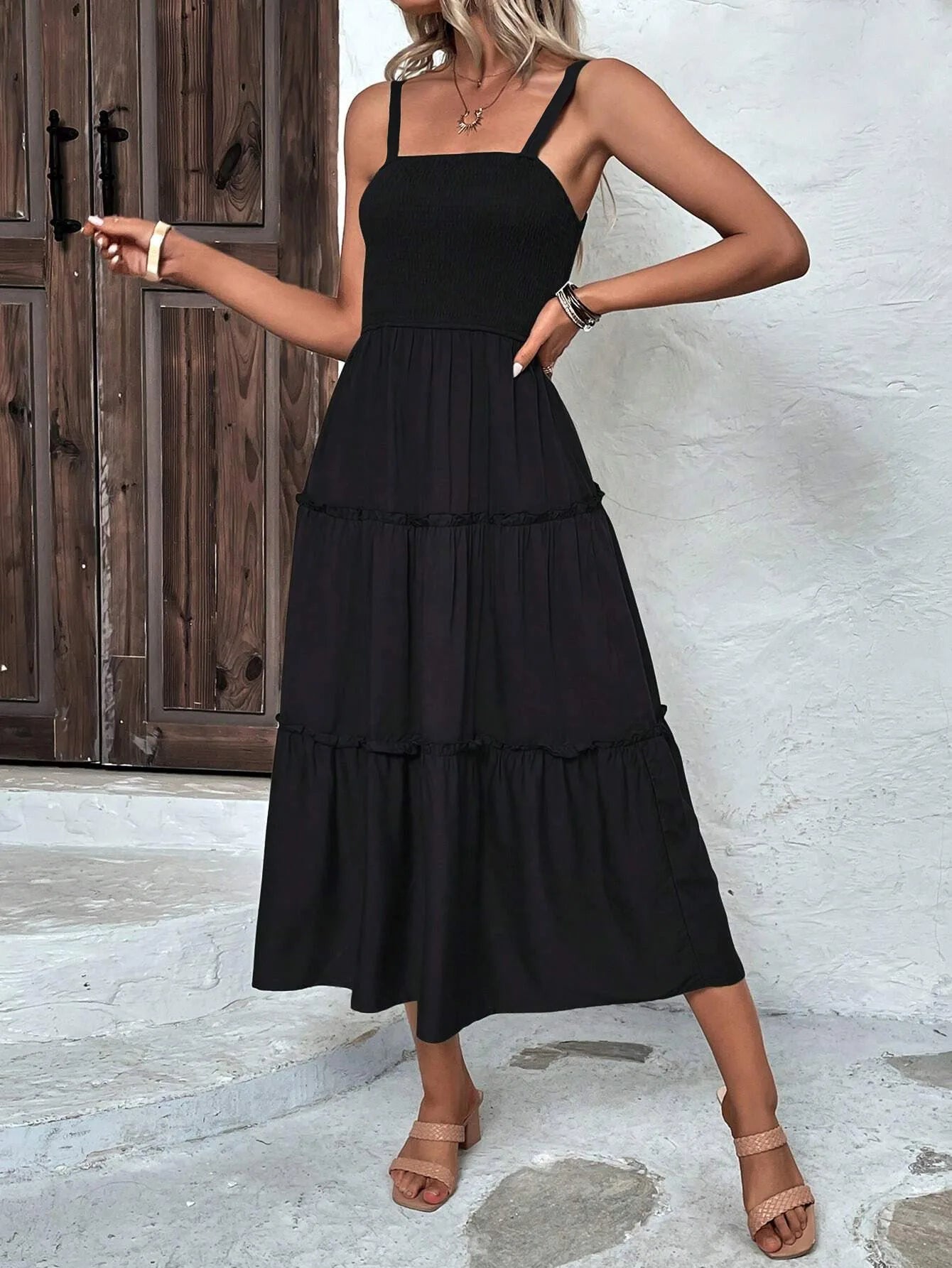 Women's Ruched Bust Ruffle Hem Sleeveless Slip Dress - Summer Sexy Bodycon Tube Strap Dress for Party Beachwear