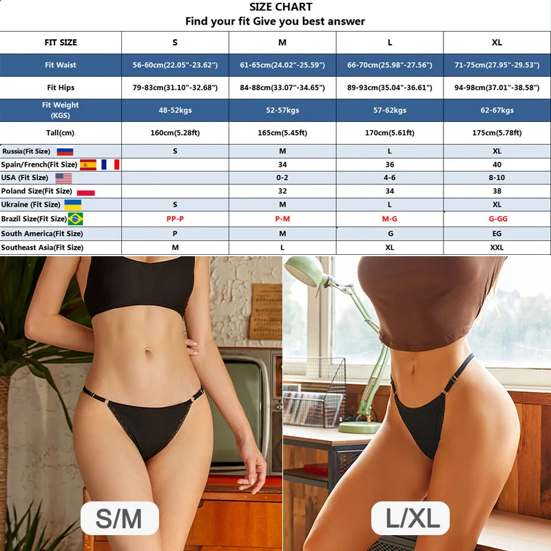 Women's Cotton Lace G-String Thongs – 4-Piece Set | Low Rise Adjustable Waistband Hipster Underwear (S–XL)