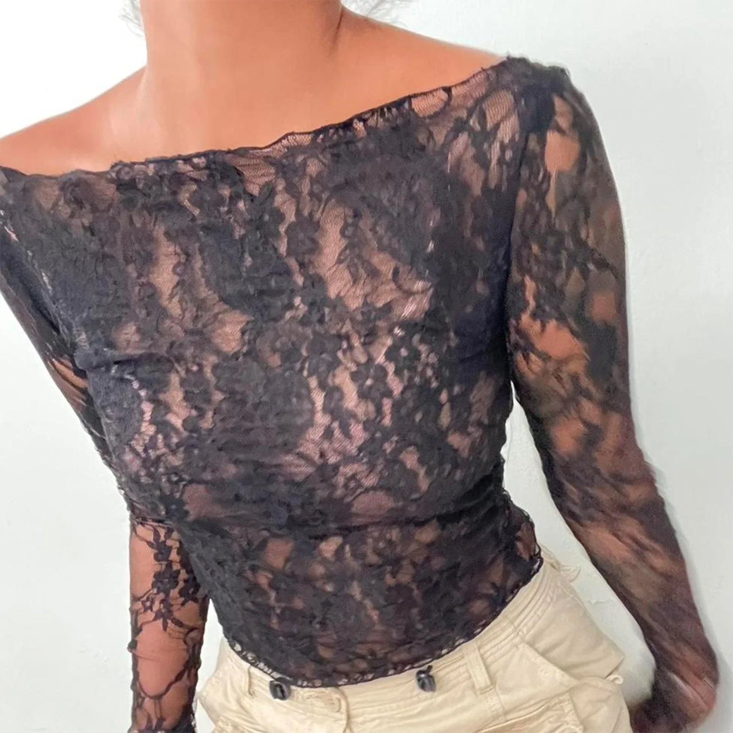 Sexy Women Lace Mesh Sheer Crop Tops Long Sleeve See Through T Shirt Going Out Tops Slim Fit Cover Up Blouse Top