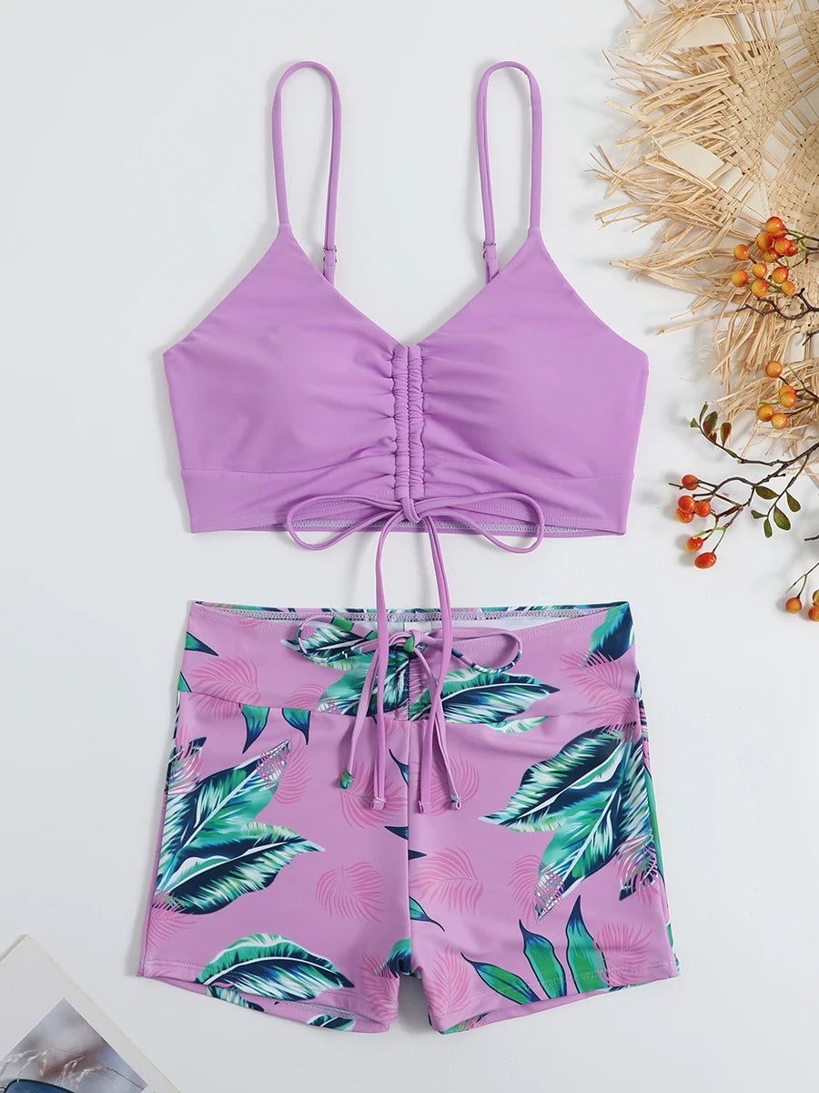 High Waist Shorts Bikini Set — Drawstring Top & Swim Shorts | Women's Swimwear