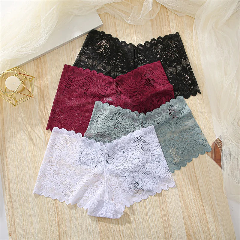 4-Pack All-Over Floral Lace Boyshorts — Hollow-Out Scalloped Low-Rise Panties