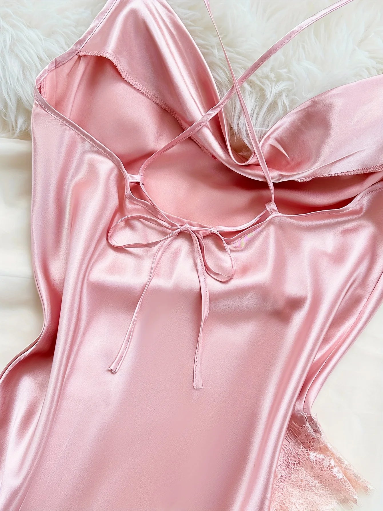 Lace Trim Satin Midi Nightgown — Cowl Neck Spaghetti Strap | Women's Elegant Sleepwear