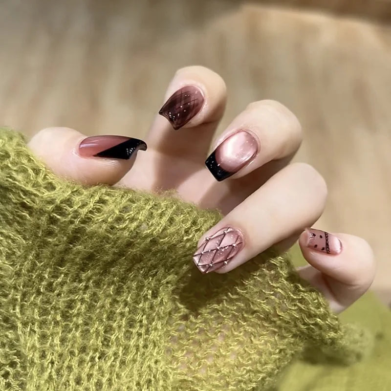 Short Press-On Nails - French Tip, Bow & Glitter Designs, 24 Pieces
