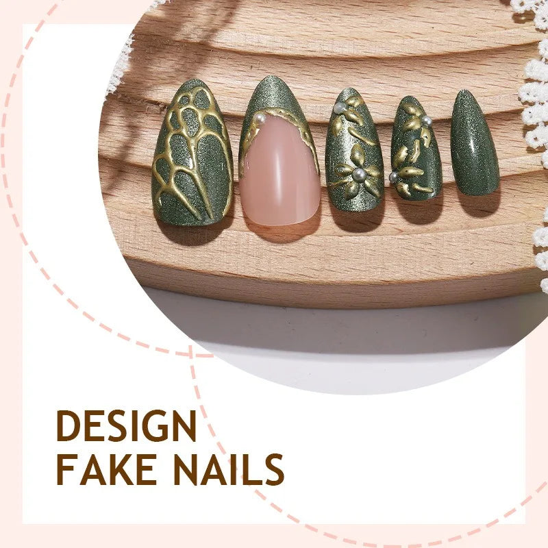 Medium Almond Cat Eye Press-On Nails - Glitter & Gold-Tone Designs, 24 Pieces