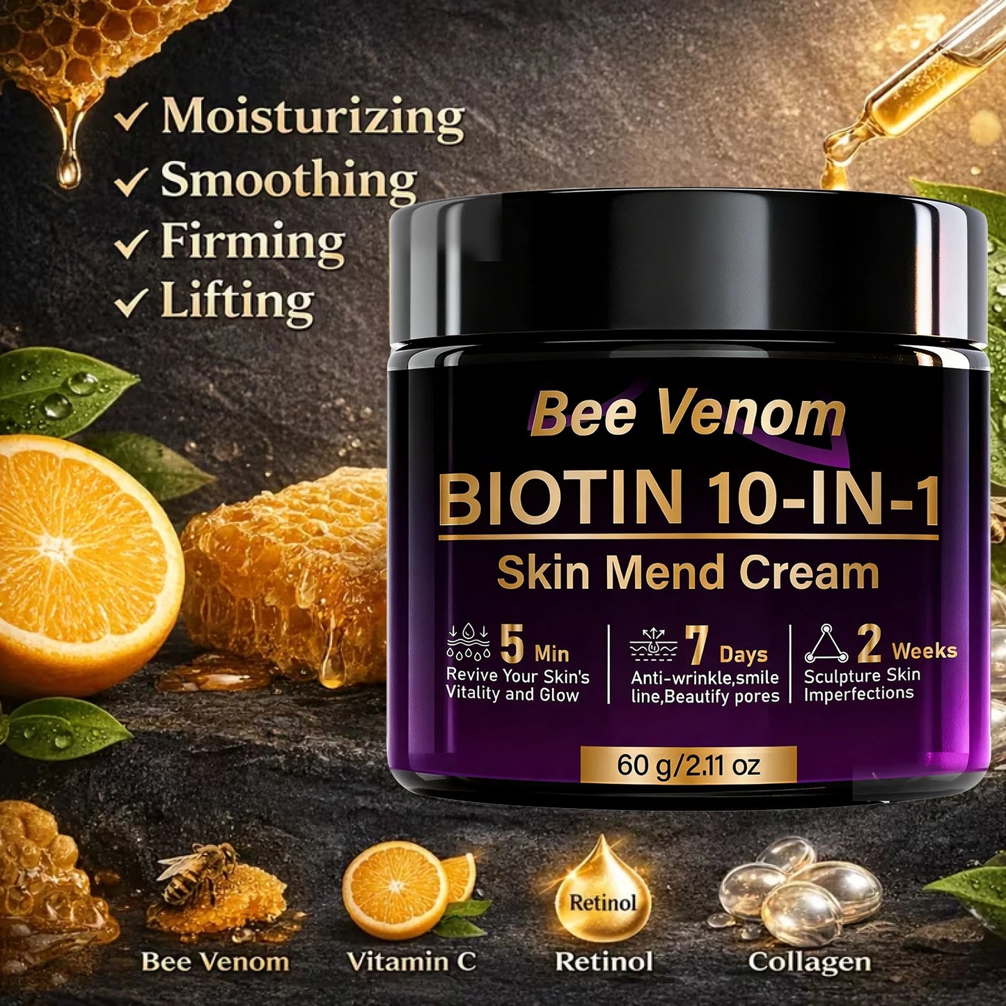 Bee Venom Biotin 10-in-1 Skin Mend Cream, Anti-Wrinkle & Anti-Aging, Fast Revitalizing & Firming, 5 Min Glow