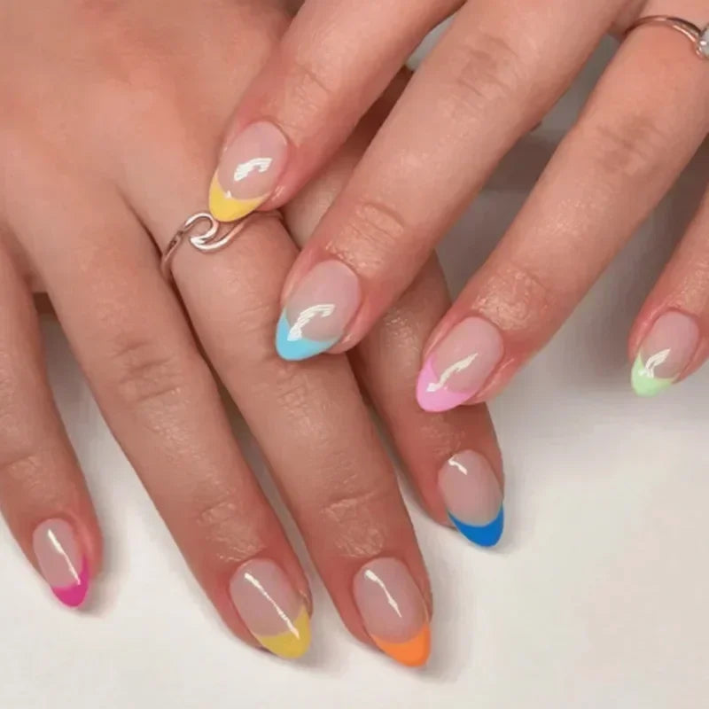 Long Coffin Press-On Nails with Glue – Nude, Pink & Color Designs, 24 Pieces