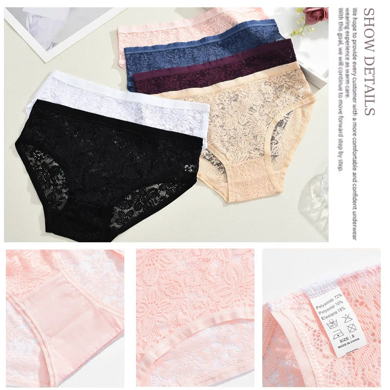Seamless Floral Lace Brief Panties – Hollow-Out See-Through Underwear for Women (S–2XL, 6 Colors)
