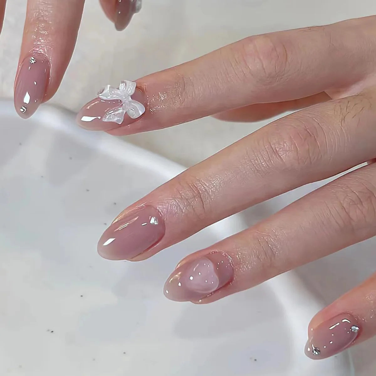 Handmade Almond Press-On Nails - Butterfly, French & Pearl Designs, 24 Pieces
