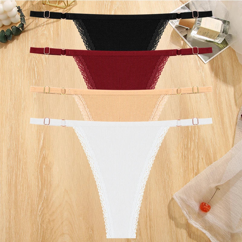 Women's Cotton Lace G-String Thongs – 4-Piece Set | Low Rise Adjustable Waistband Hipster Underwear (S–XL)