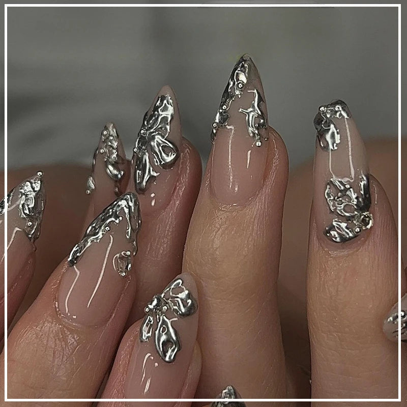 French Almond Press-On Nails – Leopard Print & 3D Bow Designs, 24 Pieces