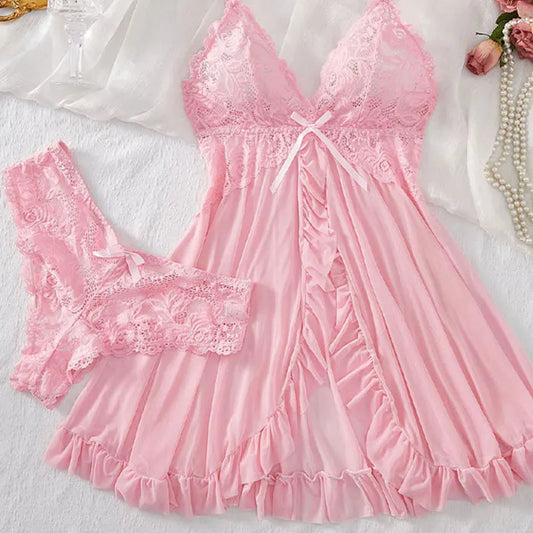 Lace Spaghetti Strap Nightgown & Thong Set – Sexy Sleepwear Lingerie