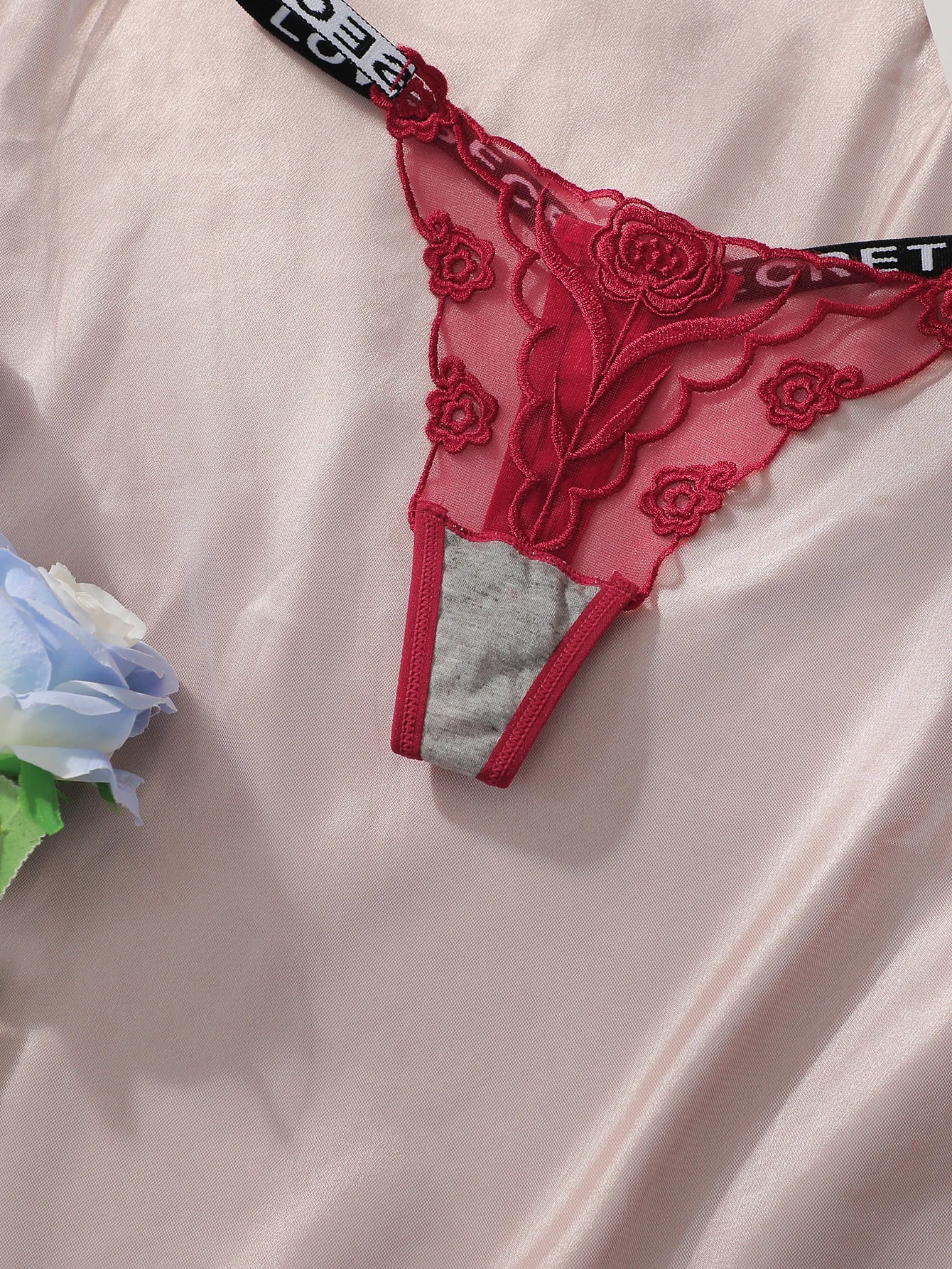 2-Pack Embroidered Rose Thong Set — Sheer Mesh G-String | Women's Sexy Lingerie