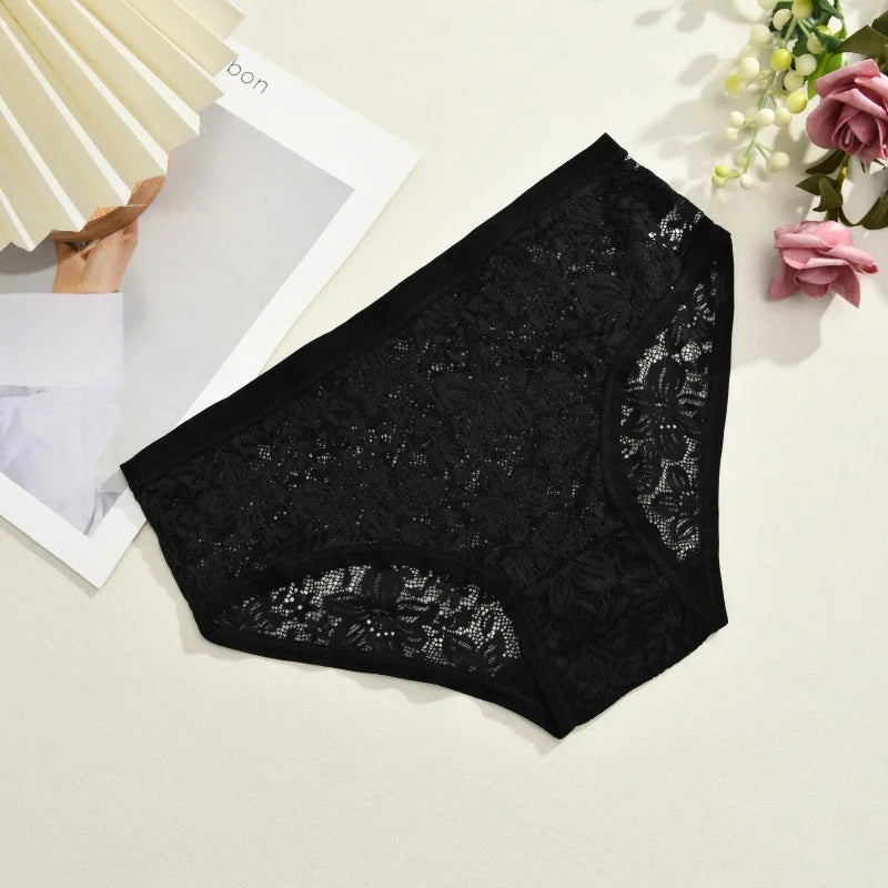 Seamless Floral Lace Brief Panties – Hollow-Out See-Through Underwear for Women (S–2XL, 6 Colors)
